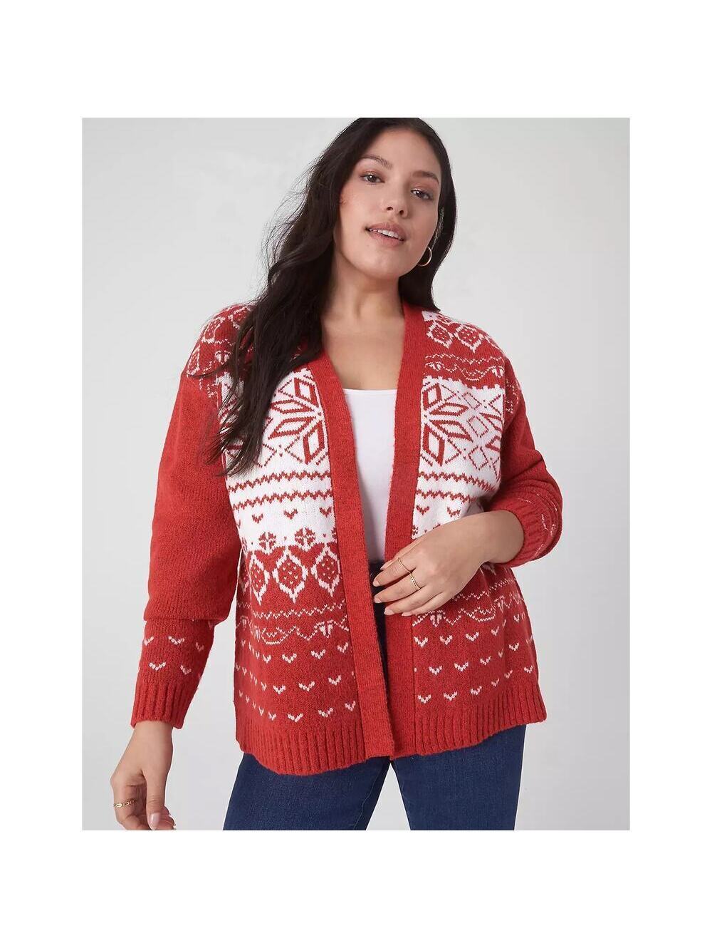 Lane Bryant EUC Women's Red Fair Isle Cardigan Sweater Size 18/20